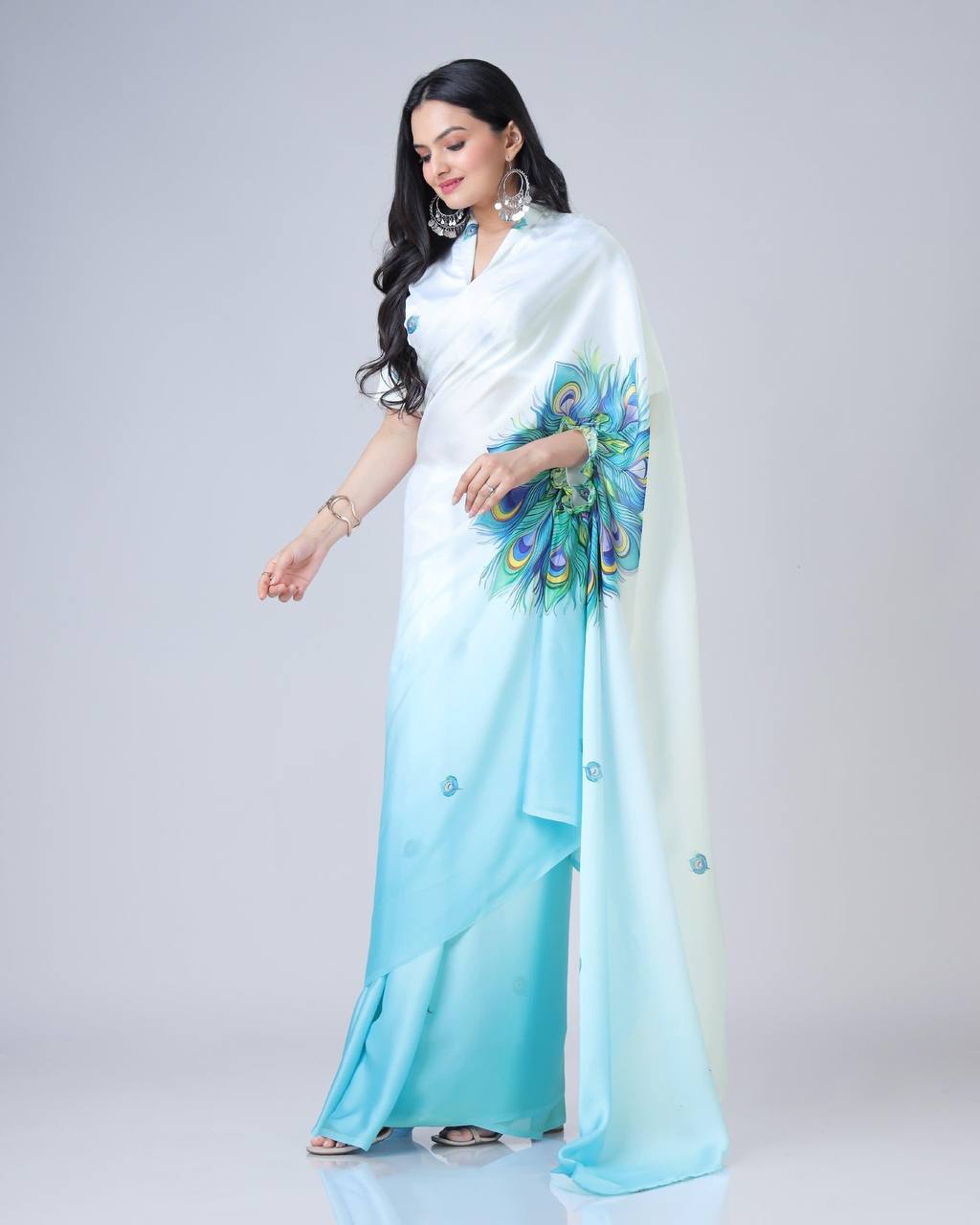 Trending Sky Color Japan Satin With Digital Print Work Hands-Free Ready To Wear Saree