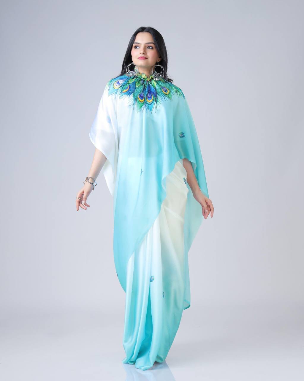 Trending Sky Color Japan Satin With Digital Print Work Hands-Free Ready To Wear Saree