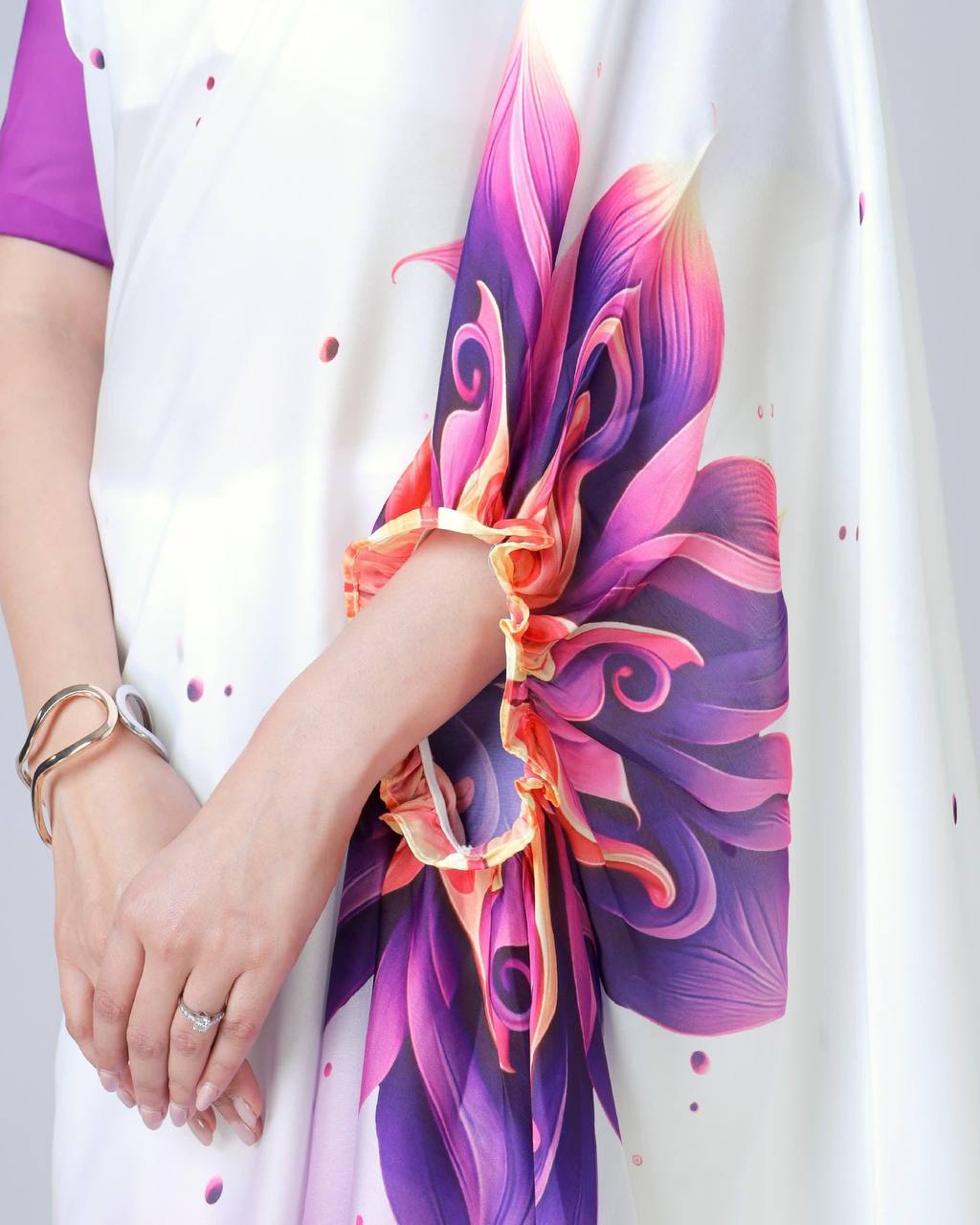 Trending Purple Color Japan Satin With Digital Print Work Hands-Free Ready To Wear Saree