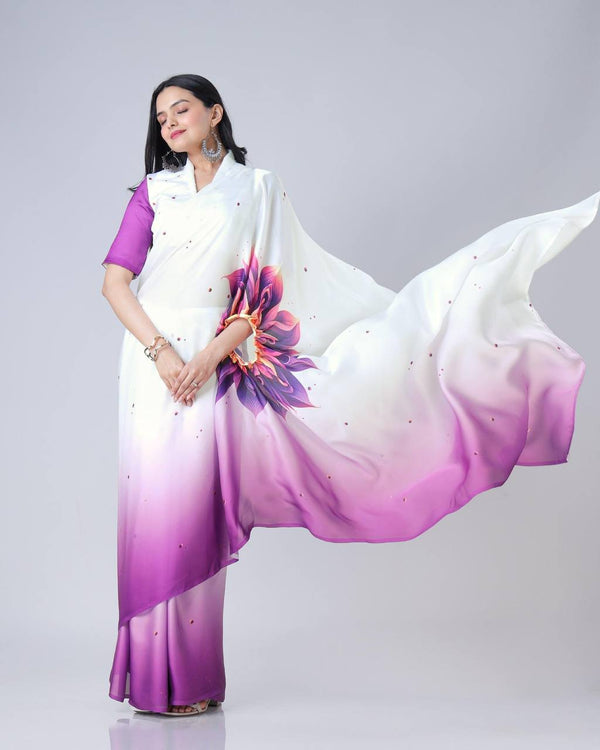 Trending Purple Color Japan Satin With Digital Print Work Hands-Free Ready To Wear Saree