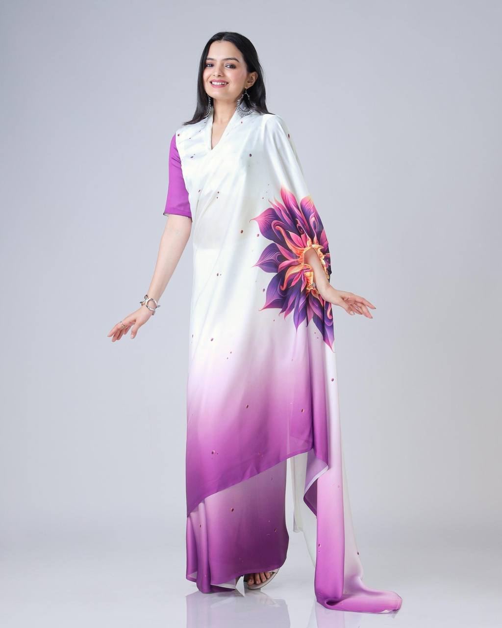 Trending Purple Color Japan Satin With Digital Print Work Hands-Free Ready To Wear Saree