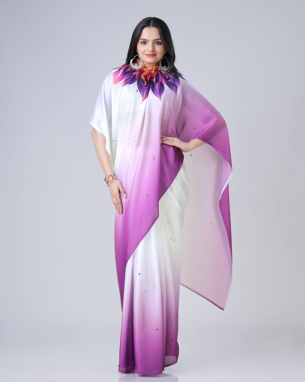 Trending Purple Color Japan Satin With Digital Print Work Hands-Free Ready To Wear Saree