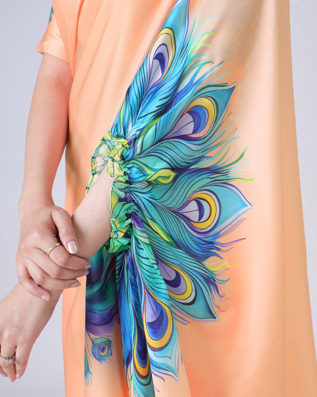 Trending Peach Color Japan Satin With Digital Print Work Hands-Free Ready To Wear Saree