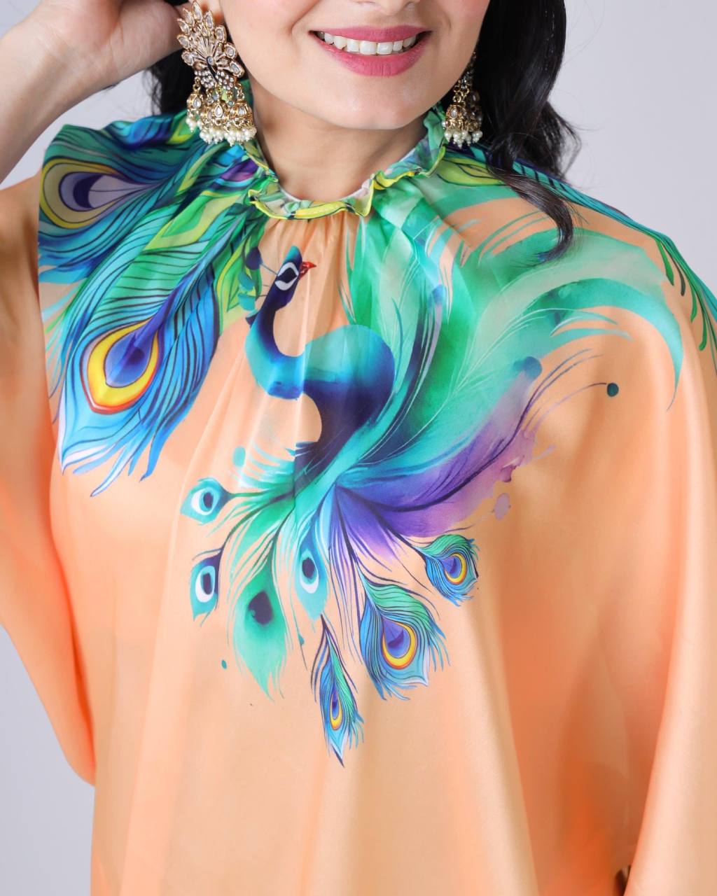 Trending Peach Color Japan Satin With Digital Print Work Hands-Free Ready To Wear Saree