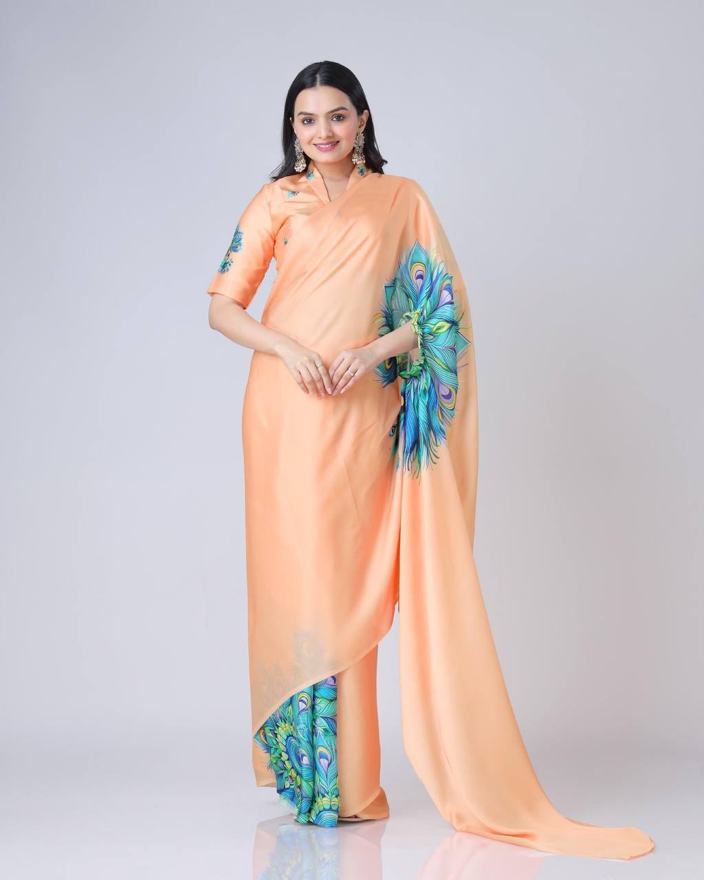 Trending Peach Color Japan Satin With Digital Print Work Hands-Free Ready To Wear Saree