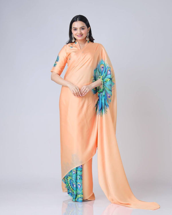 Trending Peach Color Japan Satin With Digital Print Work Hands-Free Ready To Wear Saree