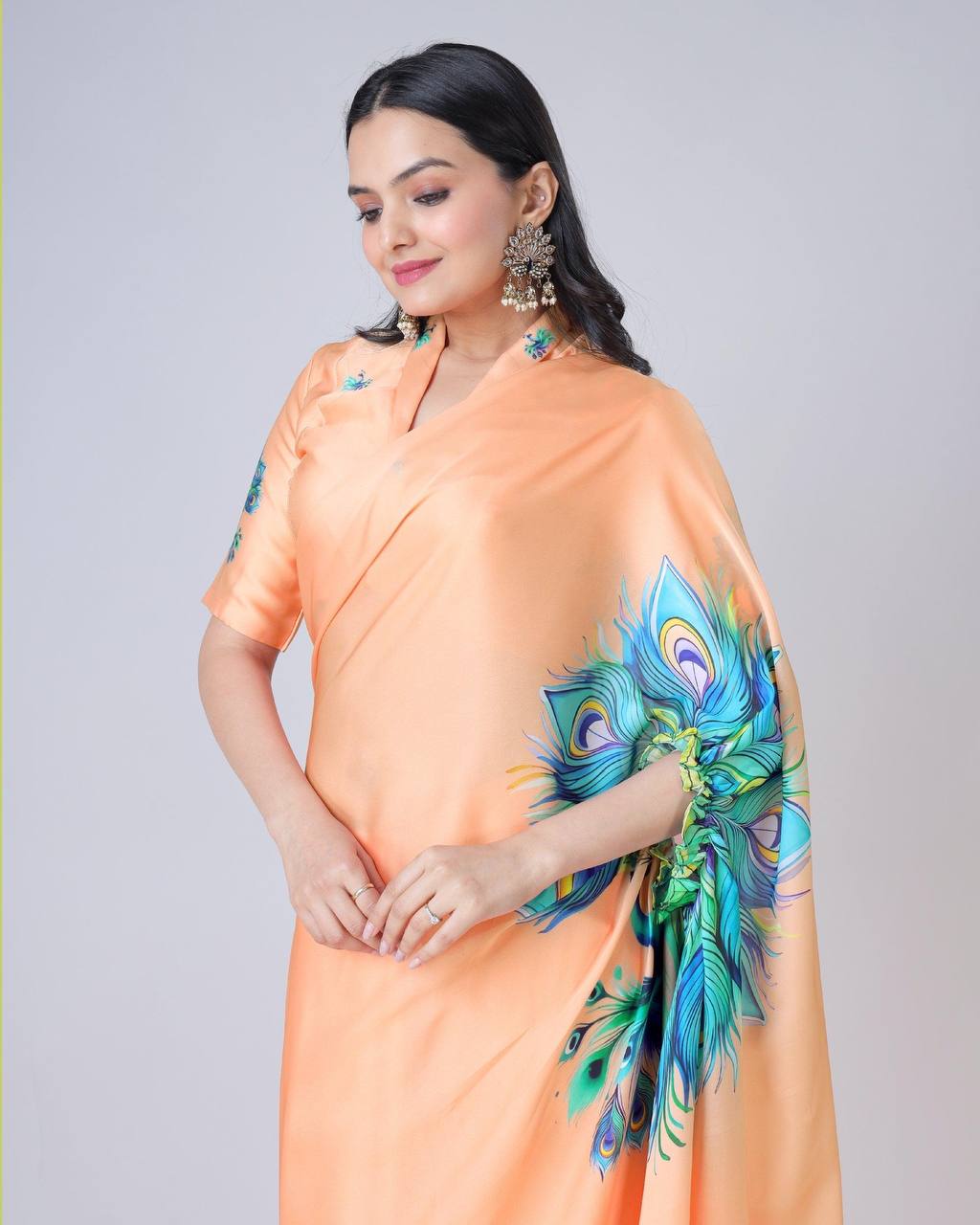 Trending Peach Color Japan Satin With Digital Print Work Hands-Free Ready To Wear Saree