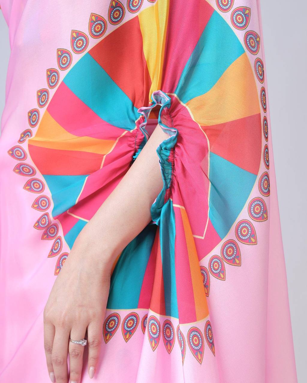 Trending Baby Pink Color Japan Satin With Digital Print Work Hands-Free Ready To Wear Saree