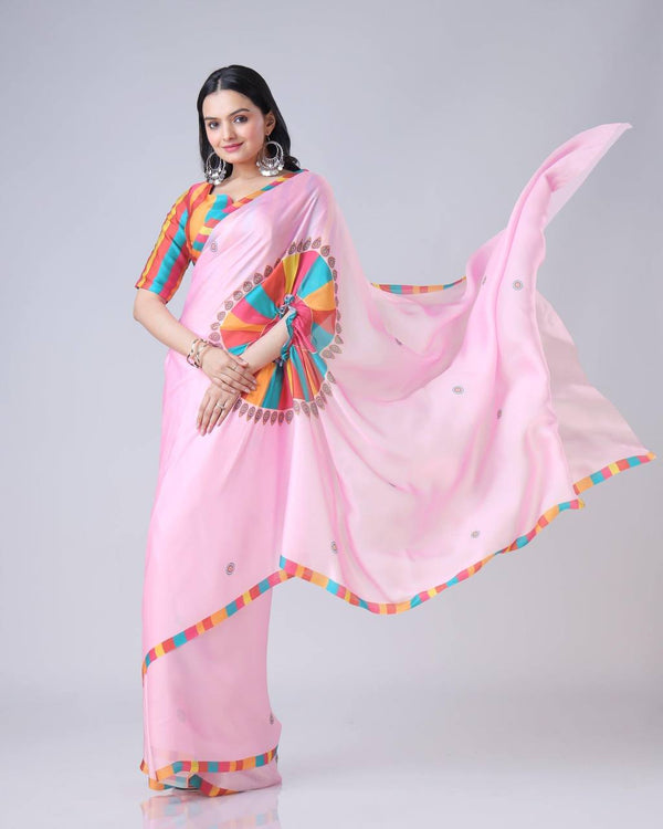 Trending Baby Pink Color Japan Satin With Digital Print Work Hands-Free Ready To Wear Saree