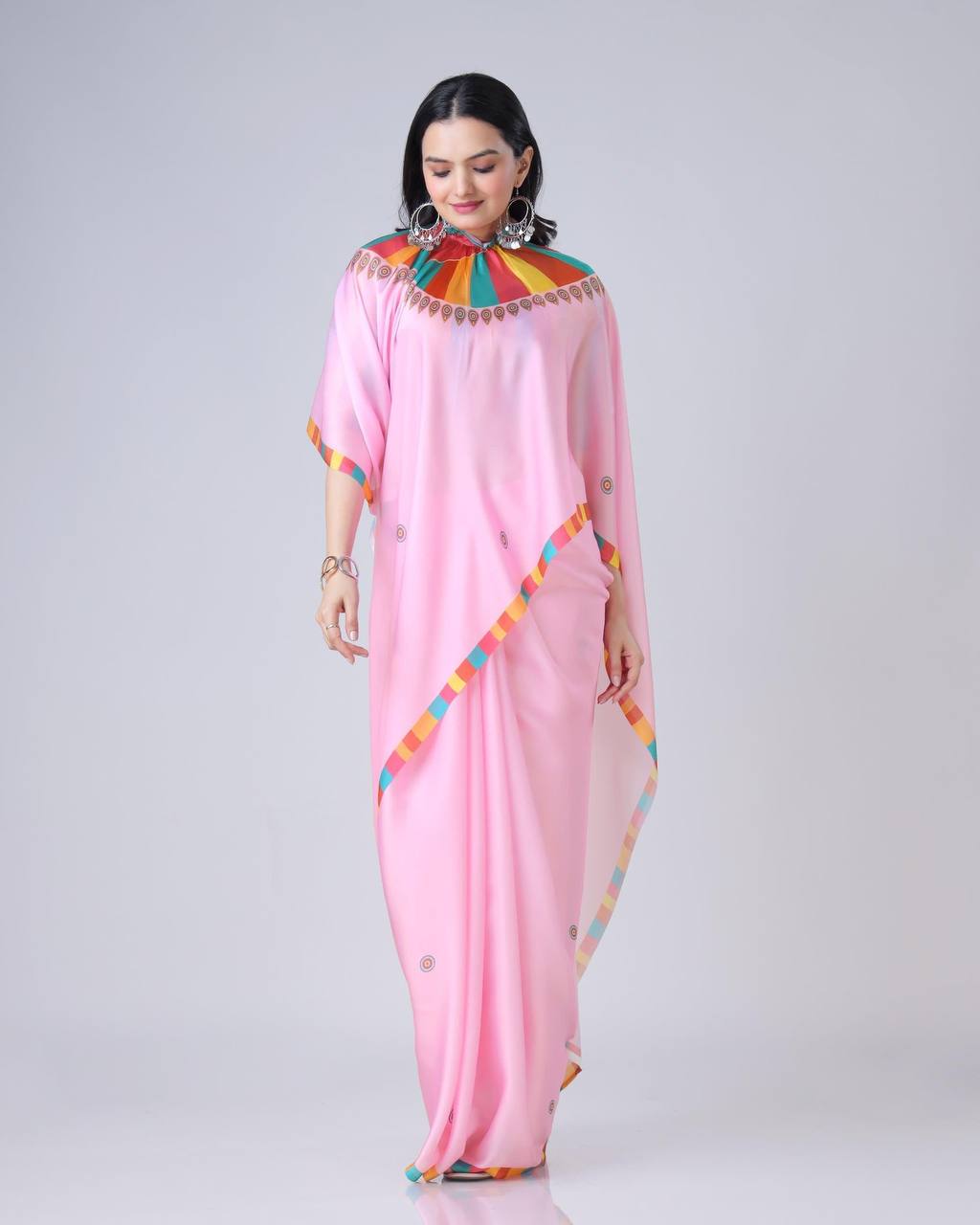 Trending Baby Pink Color Japan Satin With Digital Print Work Hands-Free Ready To Wear Saree