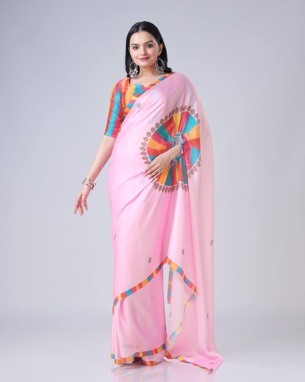 Trending Baby Pink Color Japan Satin With Digital Print Work Hands-Free Ready To Wear Saree