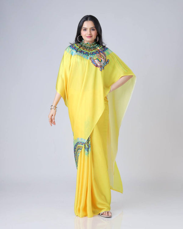 Trending Yellow Color Japan Satin With Digital Print Work Hands-Free Ready To Wear Saree
