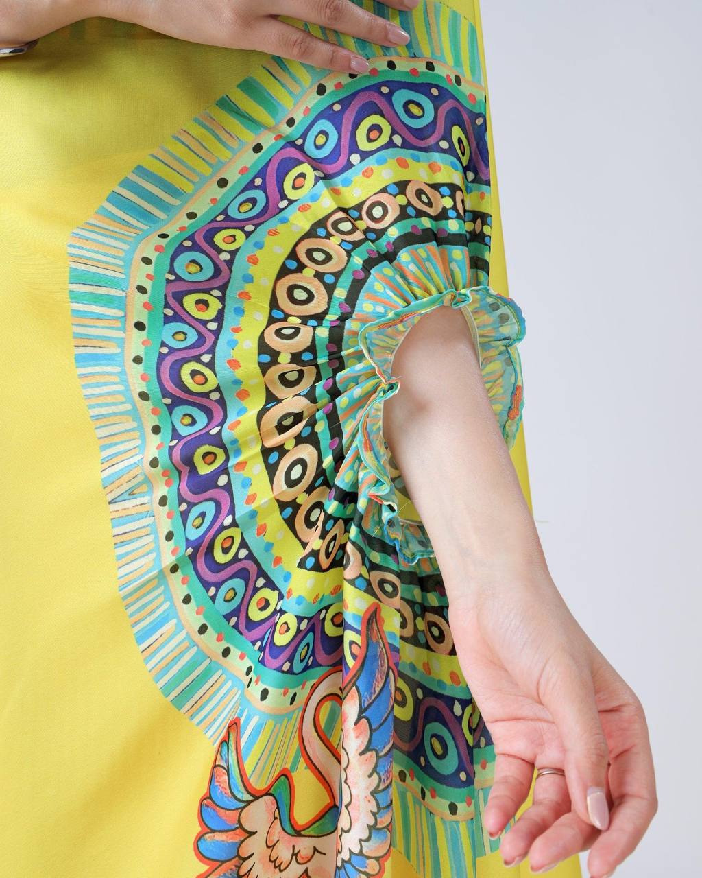 Trending Yellow Color Japan Satin With Digital Print Work Hands-Free Ready To Wear Saree