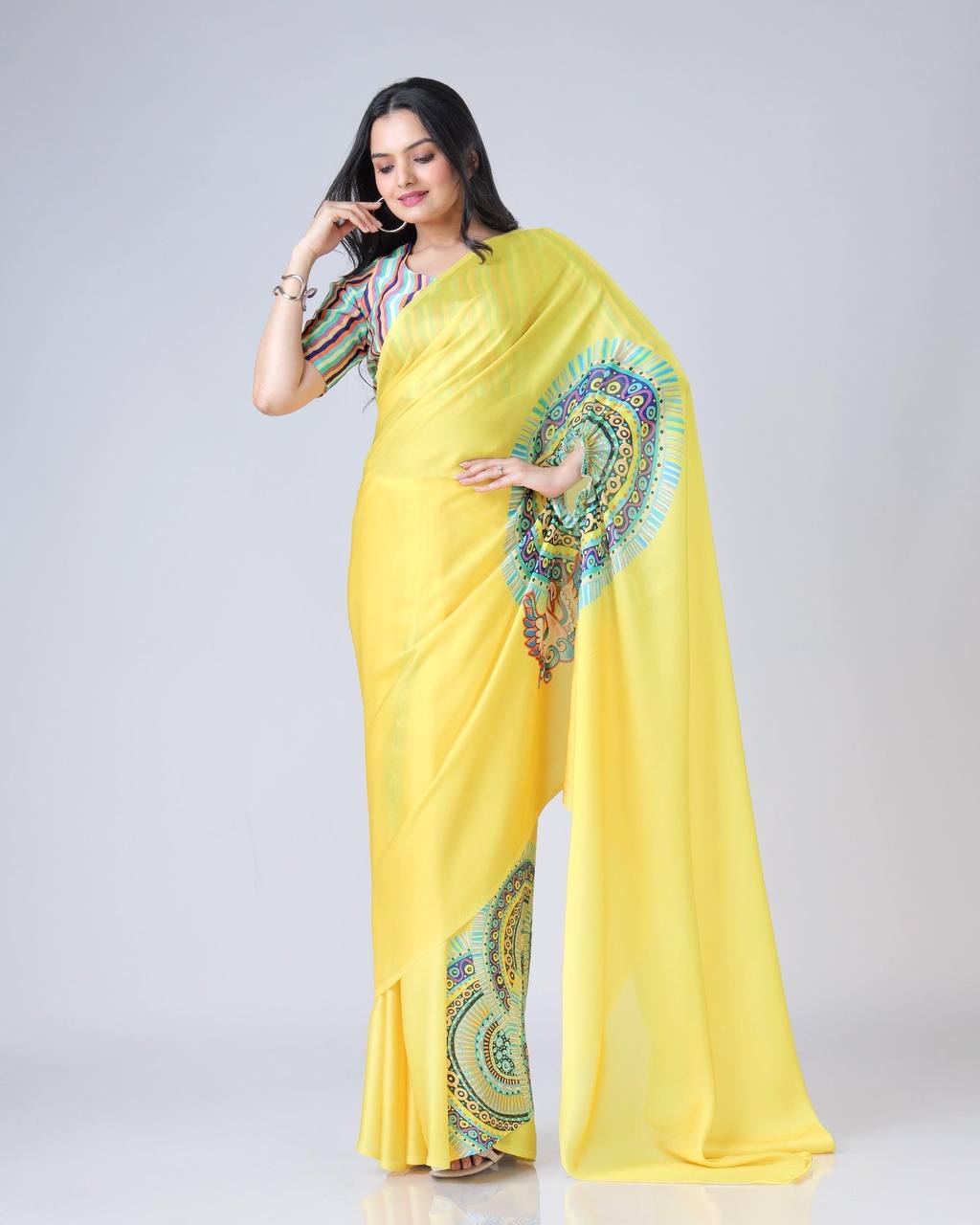 Trending Yellow Color Japan Satin With Digital Print Work Hands-Free Ready To Wear Saree