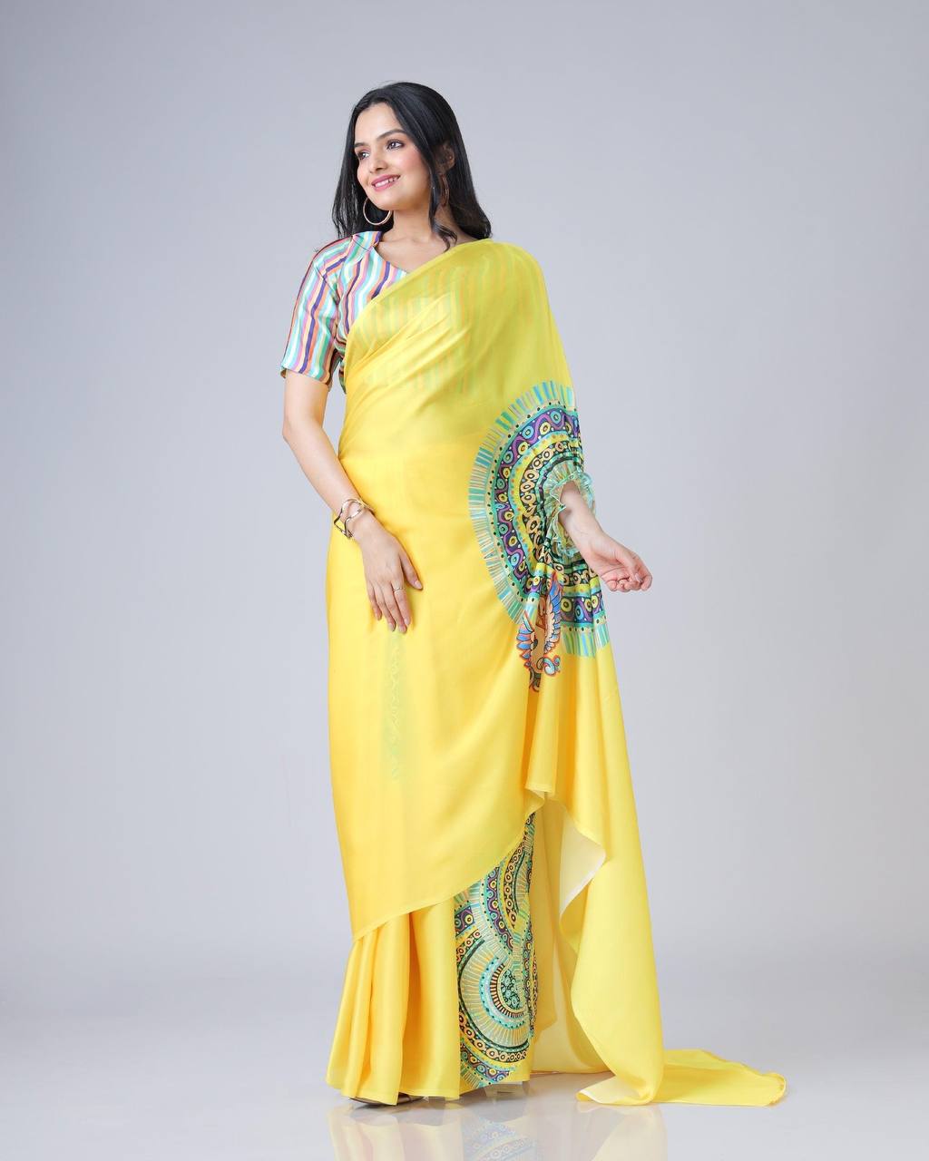 Trending Yellow Color Japan Satin With Digital Print Work Hands-Free Ready To Wear Saree
