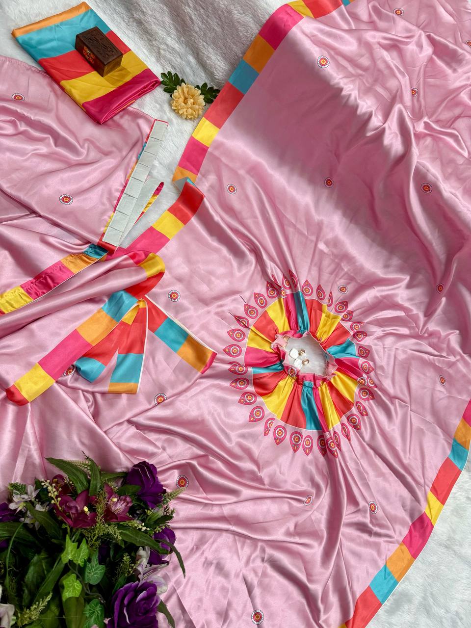 Trending Baby Pink Color Japan Satin With Digital Print Work Hands-Free Ready To Wear Saree