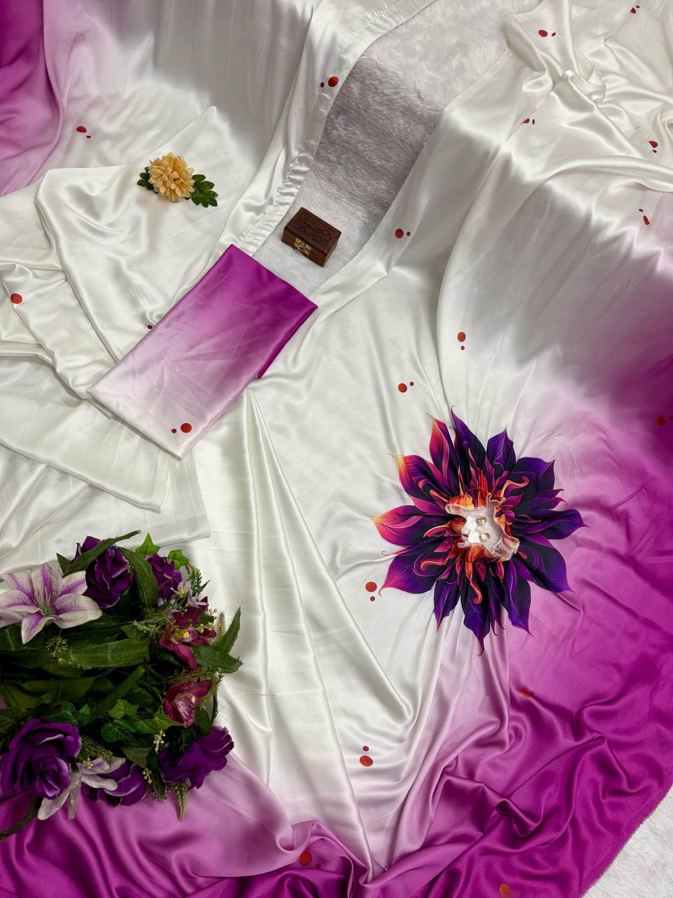 Trending Purple Color Japan Satin With Digital Print Work Hands-Free Ready To Wear Saree