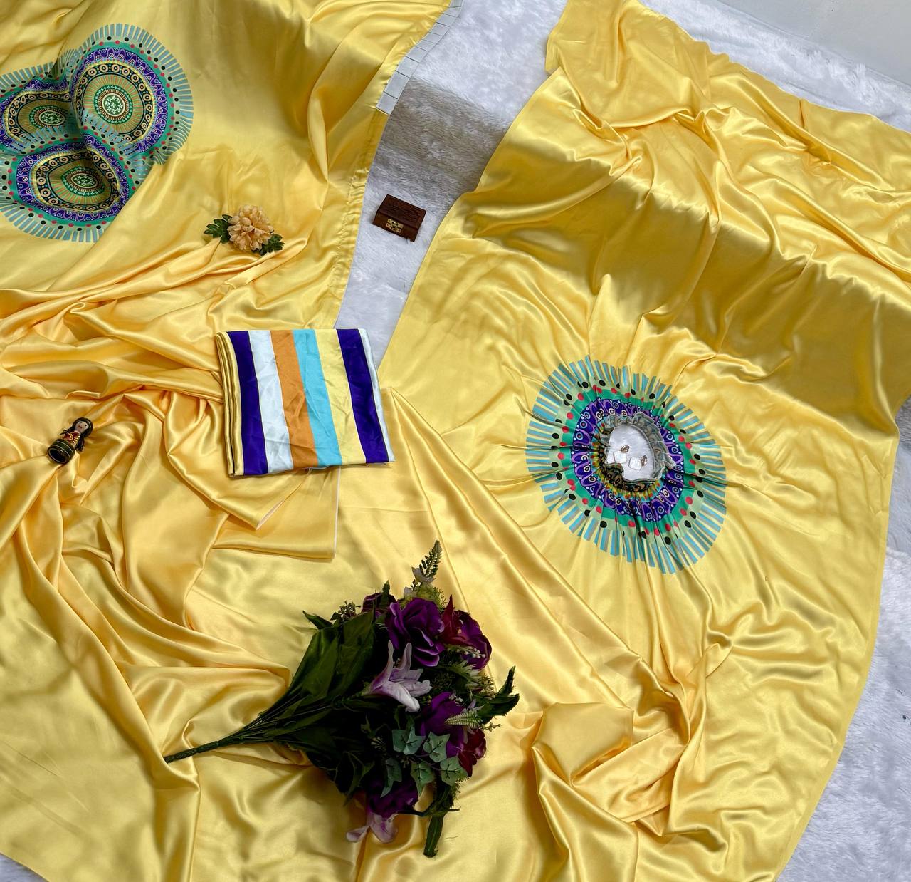 Trending Yellow Color Japan Satin With Digital Print Work Hands-Free Ready To Wear Saree