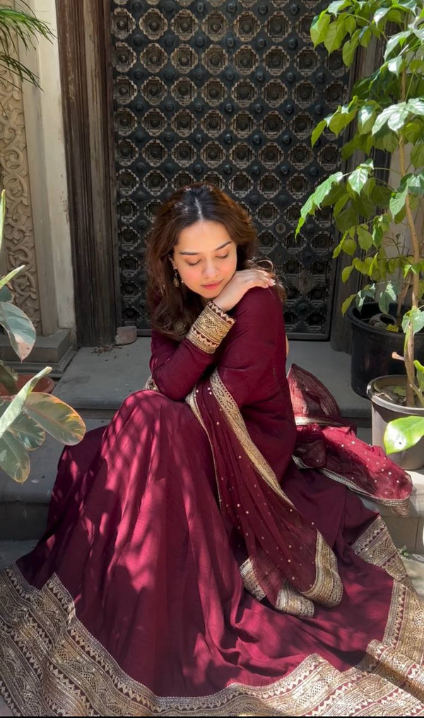 Beautiful Maroon Color Designer Anarkali Gown Set