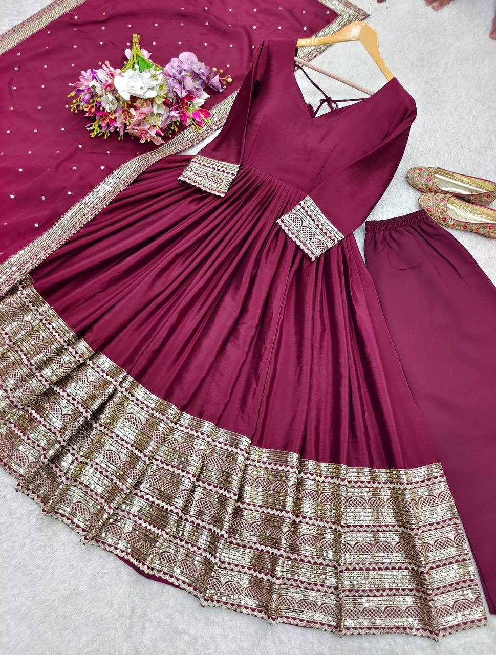 Beautiful Maroon Color Designer Anarkali Gown Set