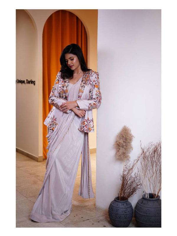 Wedding Wear Lavender Color Ready To Wear Silk Saree With Koti