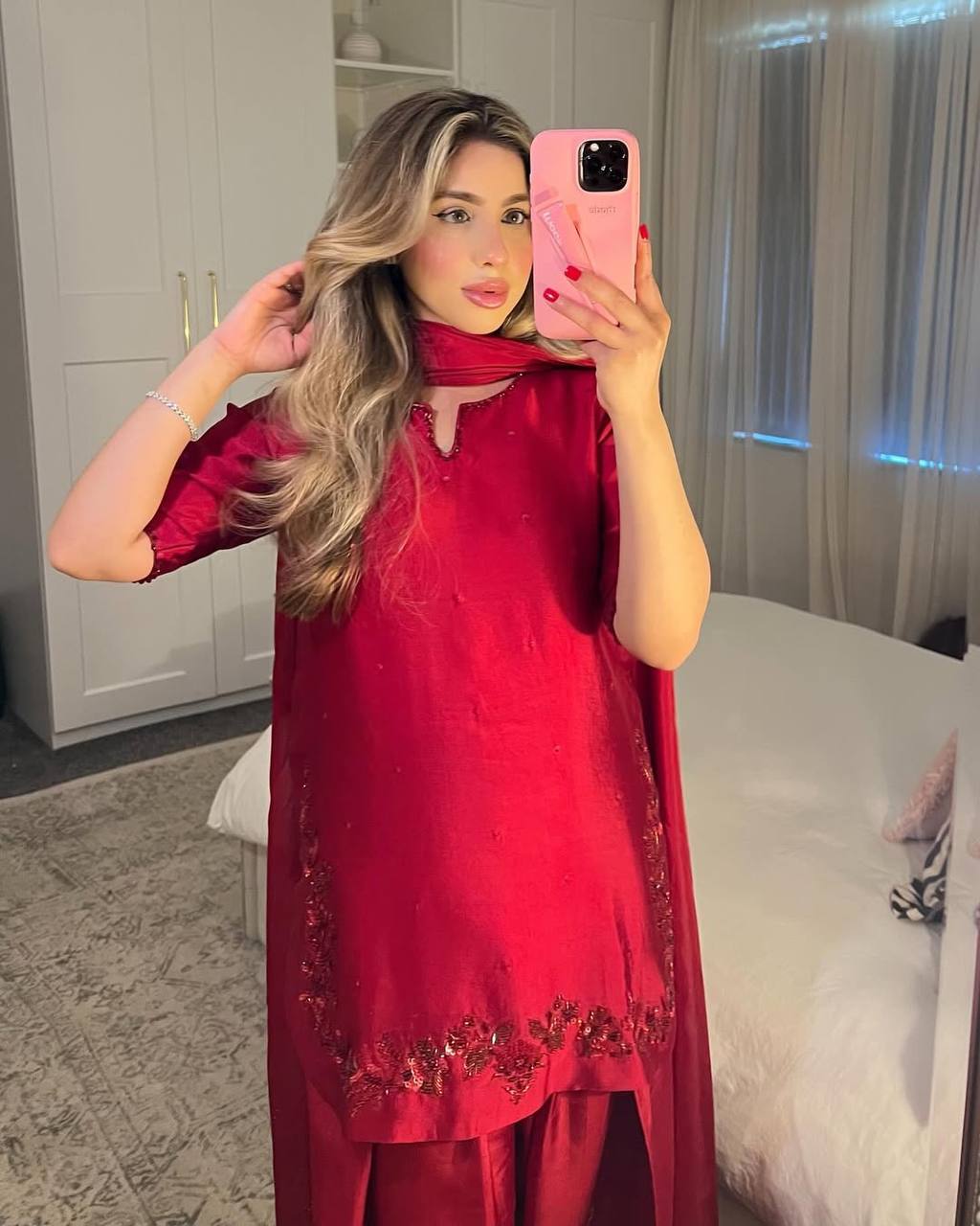 Function Wear Red Color Bids Hand Work Designer Salwar Suit