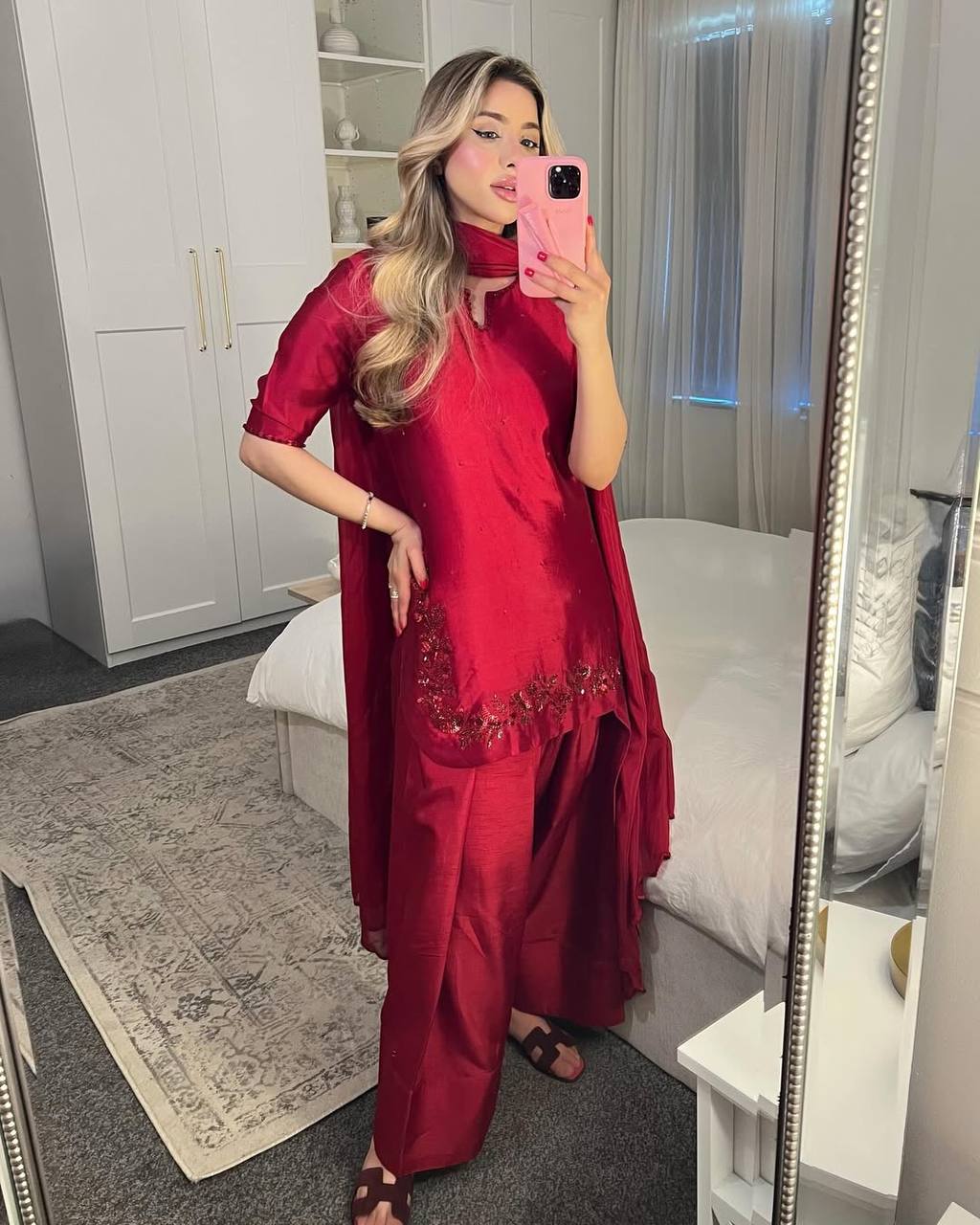 Function Wear Red Color Bids Hand Work Designer Salwar Suit