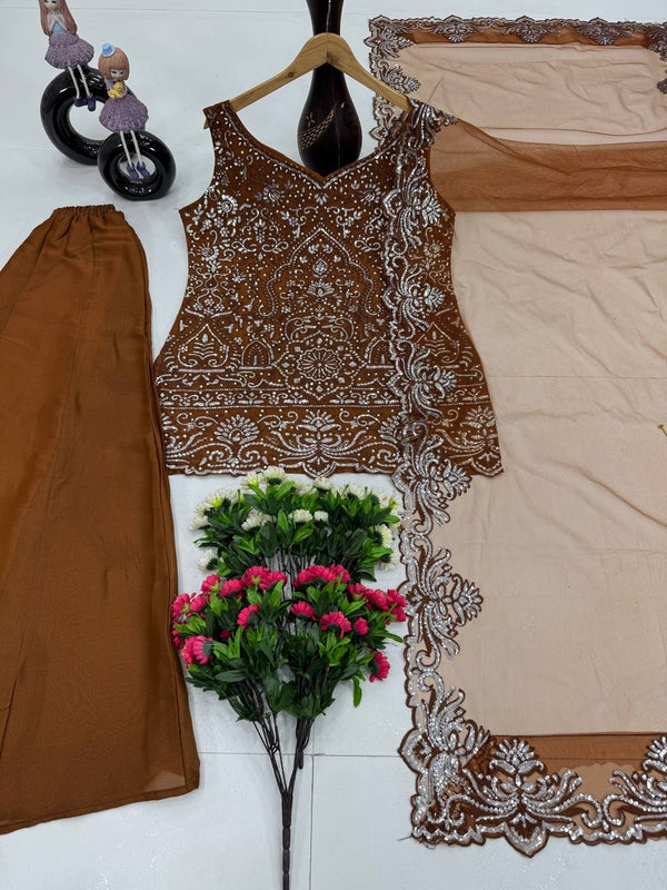 Party Wear Designer Coffee Color Embroidery Sequences Work With Peral Hand Work 3 Piece Palazzo Suit