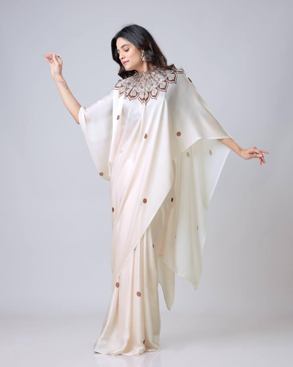Ceremony Wear Off White Color Japan Satin Digital Printed Hands-Free Ready To Wear Saree