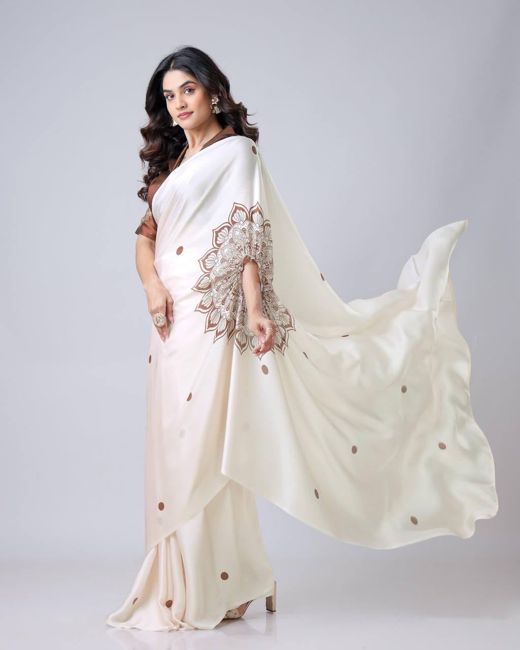 Ceremony Wear Off White Color Japan Satin Digital Printed Hands-Free Ready To Wear Saree
