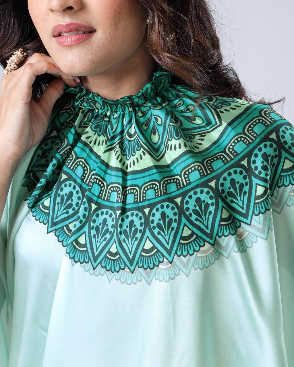 Ceremony Wear Light Green Color Japan Satin Digital Printed Hands-Free Ready To Wear Saree