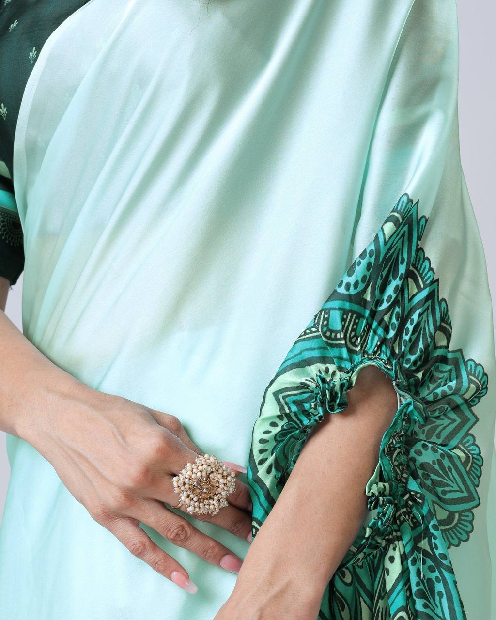 Ceremony Wear Light Green Color Japan Satin Digital Printed Hands-Free Ready To Wear Saree