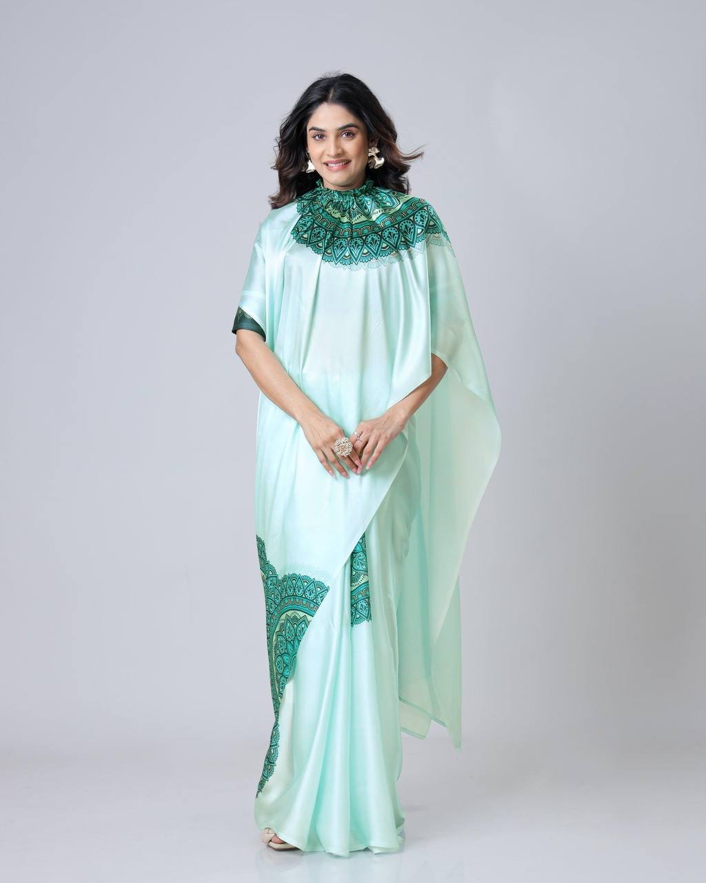 Ceremony Wear Light Green Color Japan Satin Digital Printed Hands-Free Ready To Wear Saree