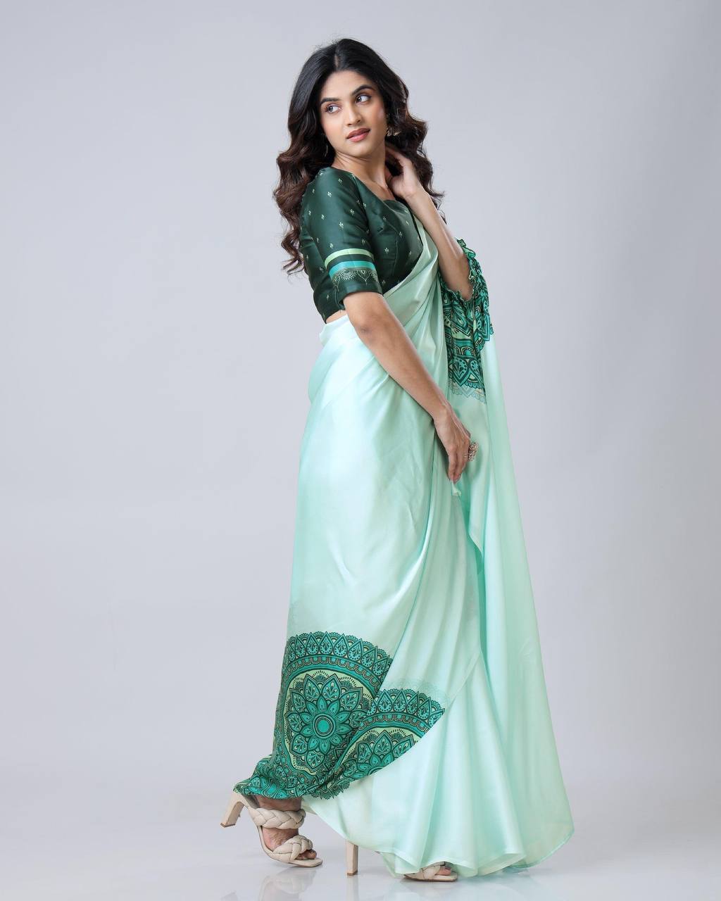 Ceremony Wear Light Green Color Japan Satin Digital Printed Hands-Free Ready To Wear Saree