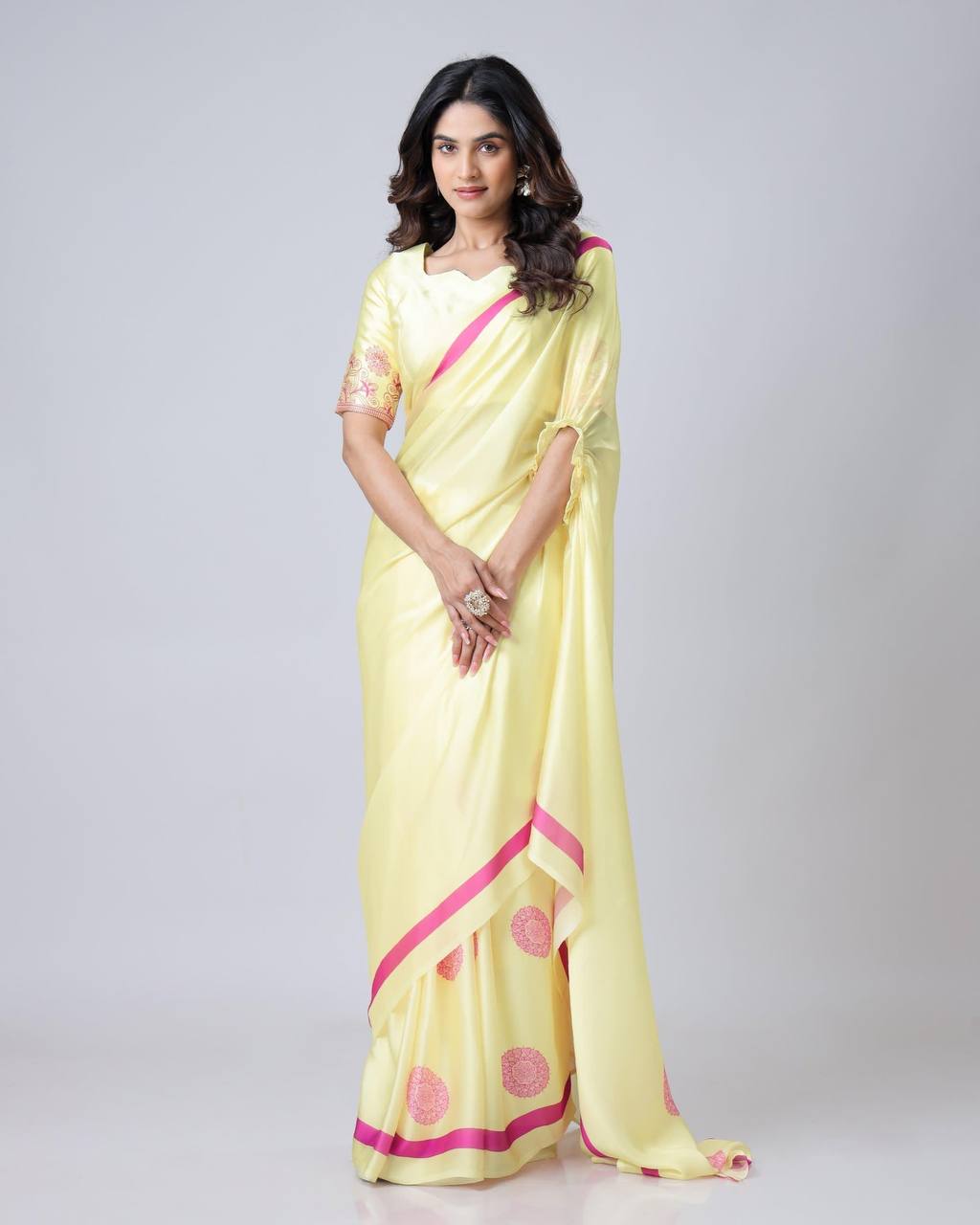 Ceremony Wear Light Yellow Color Japan Satin Digital Printed Hands-Free Ready To Wear Saree