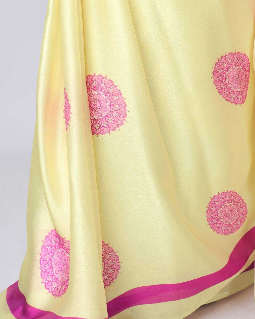 Ceremony Wear Light Yellow Color Japan Satin Digital Printed Hands-Free Ready To Wear Saree