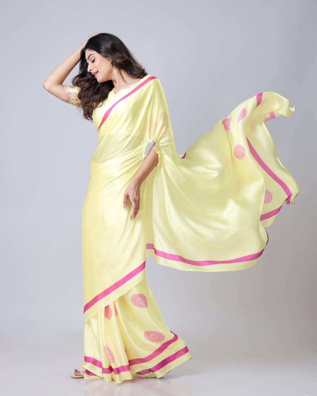 Ceremony Wear Light Yellow Color Japan Satin Digital Printed Hands-Free Ready To Wear Saree
