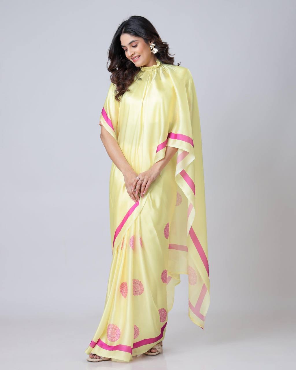 Ceremony Wear Light Yellow Color Japan Satin Digital Printed Hands-Free Ready To Wear Saree