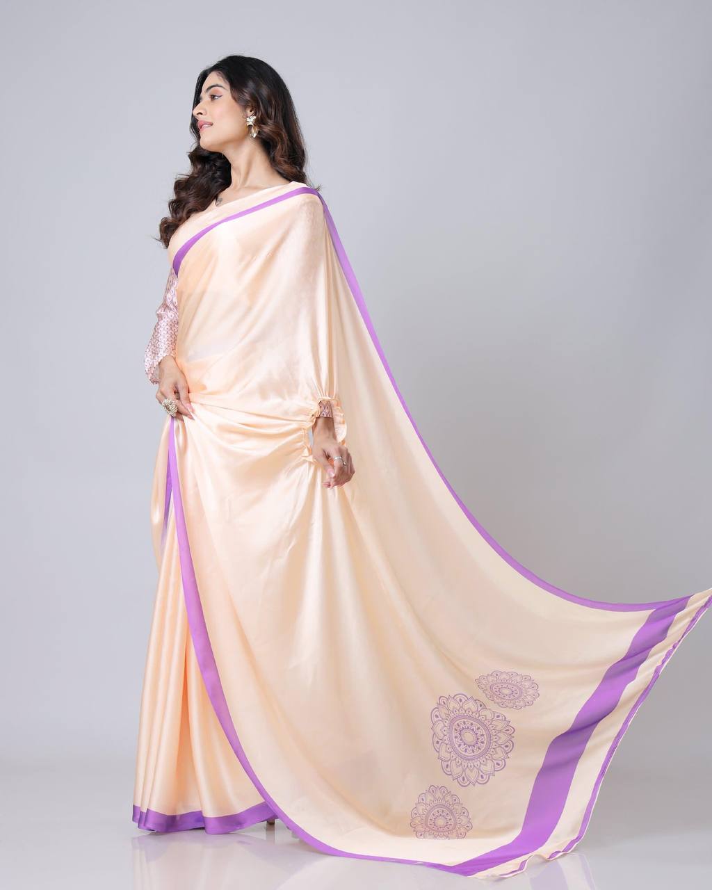 Ceremony Wear Light Peach Color Japan Satin Digital Printed Hands-Free Ready To Wear Saree