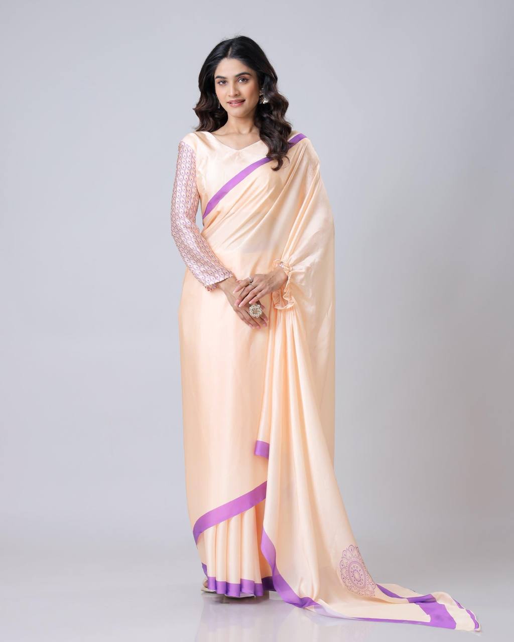 Ceremony Wear Light Peach Color Japan Satin Digital Printed Hands-Free Ready To Wear Saree
