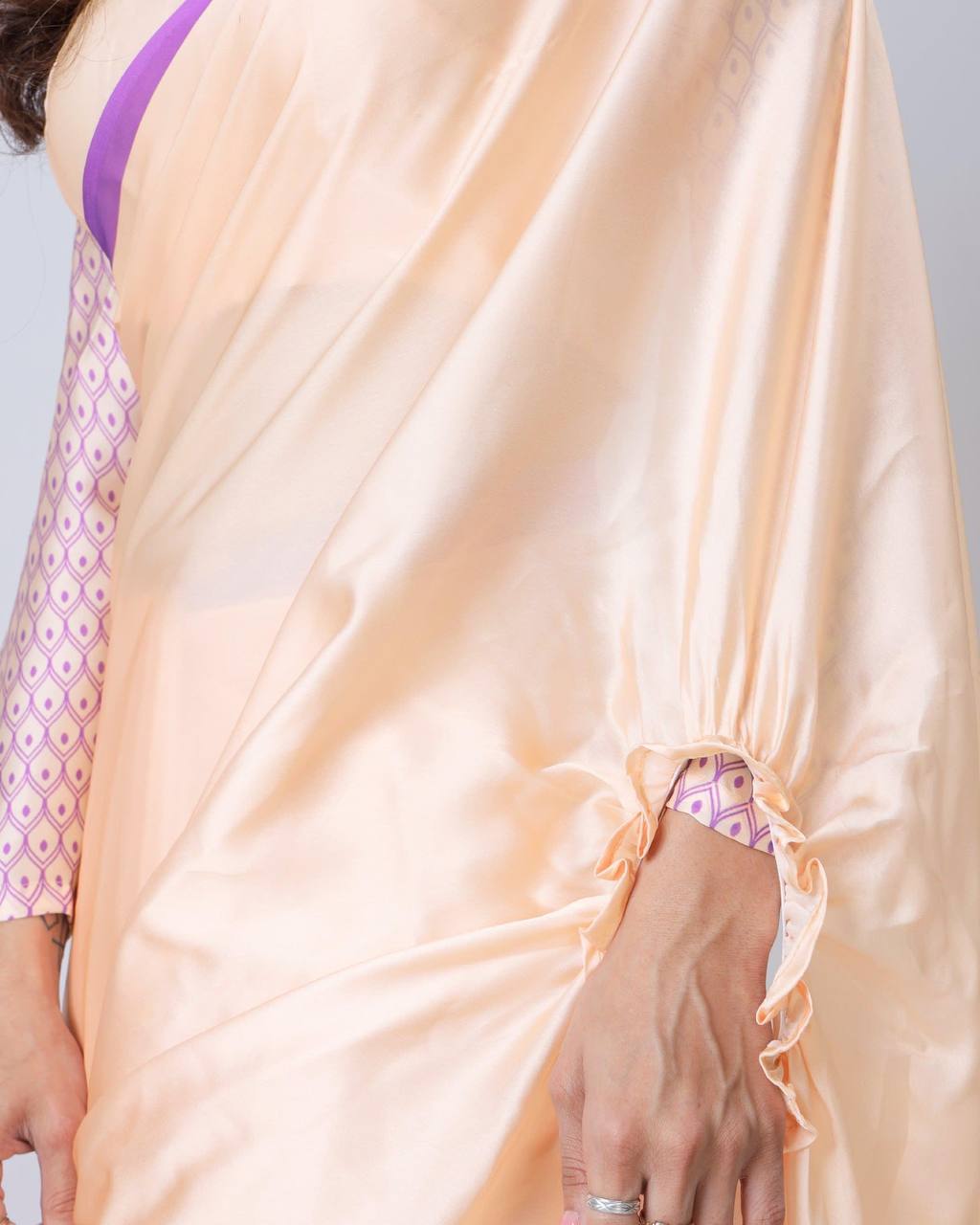 Ceremony Wear Light Peach Color Japan Satin Digital Printed Hands-Free Ready To Wear Saree