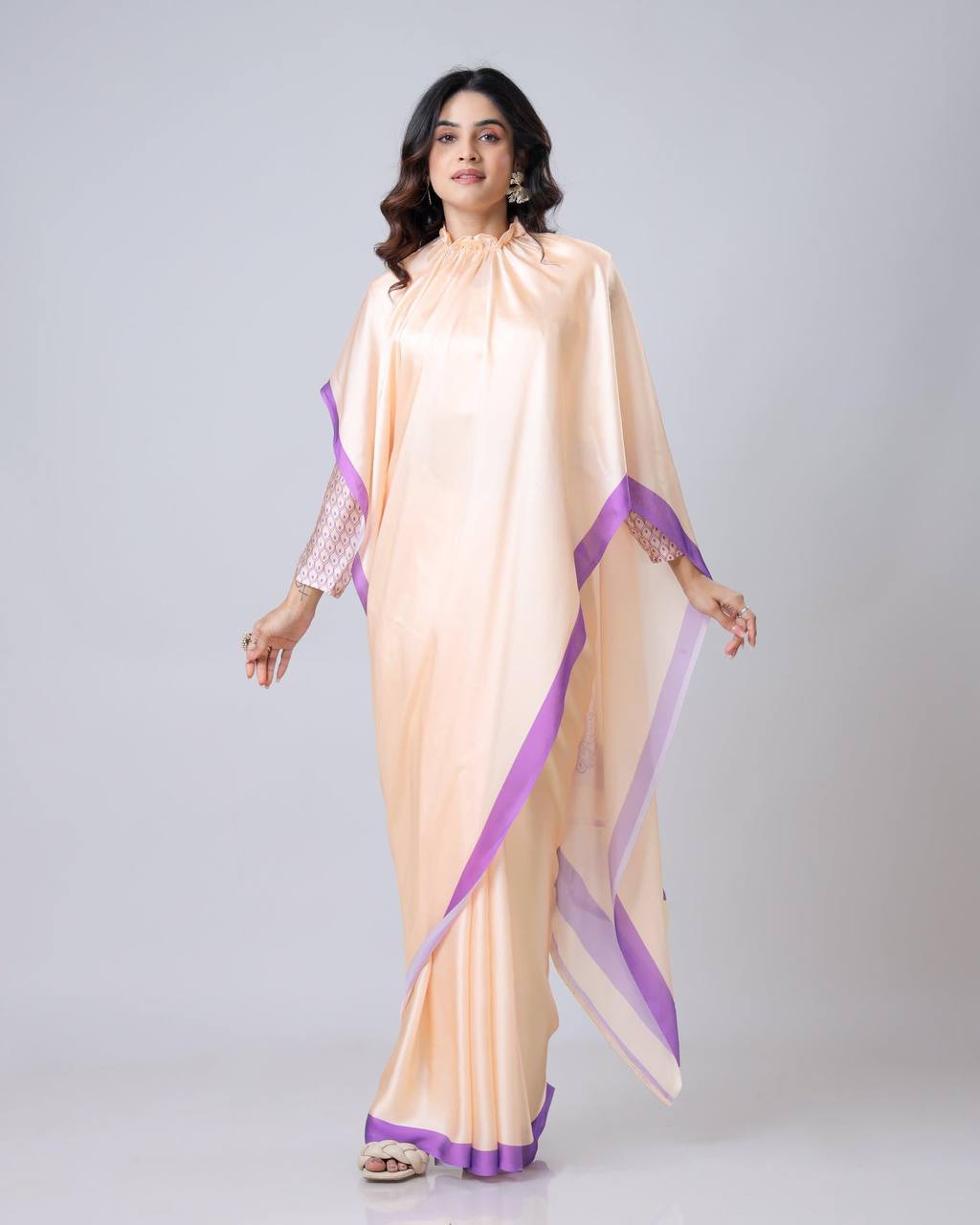 Ceremony Wear Light Peach Color Japan Satin Digital Printed Hands-Free Ready To Wear Saree