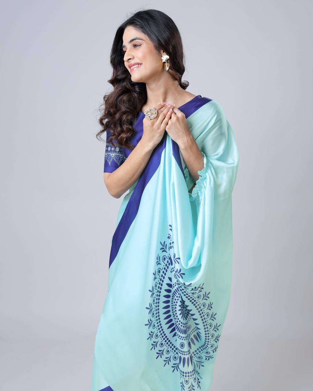 Ceremony Wear Sky Color Japan Satin Digital Printed Hands-Free Ready To Wear Saree