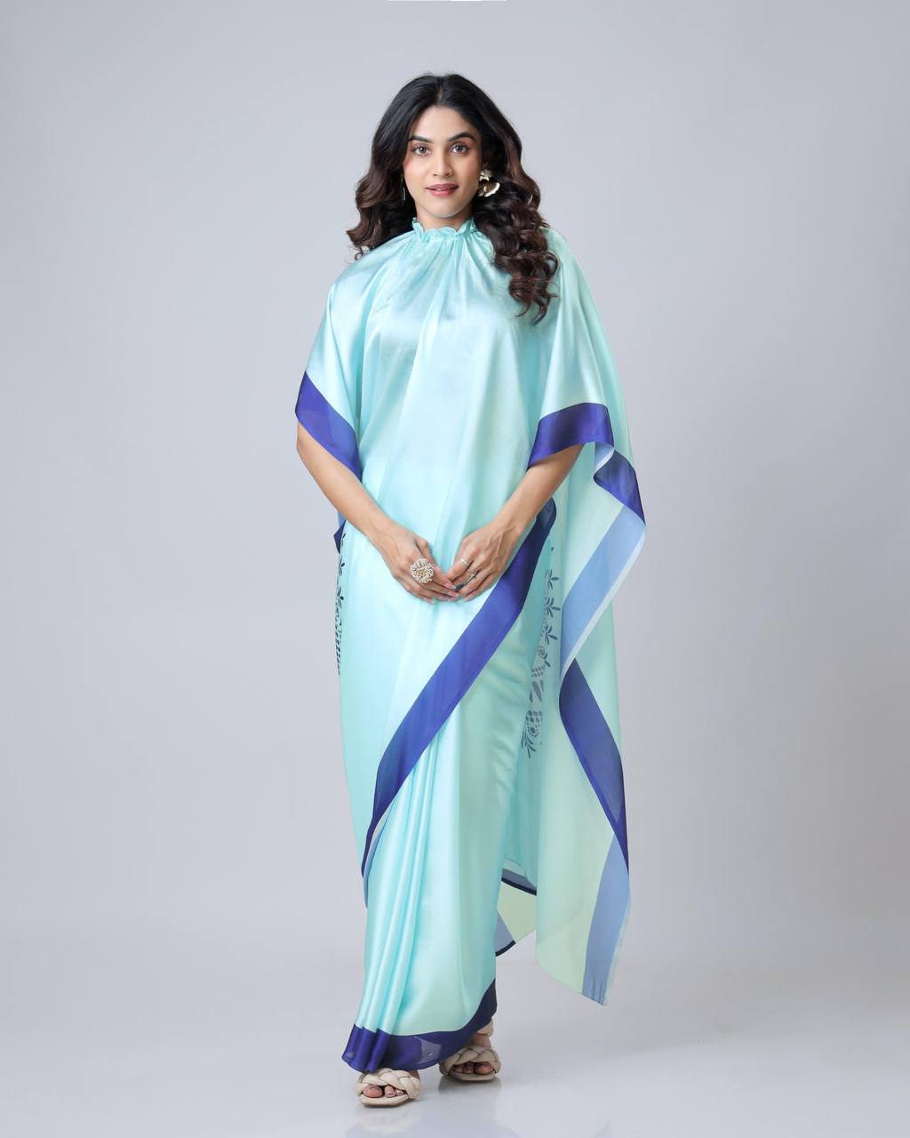 Ceremony Wear Sky Color Japan Satin Digital Printed Hands-Free Ready To Wear Saree