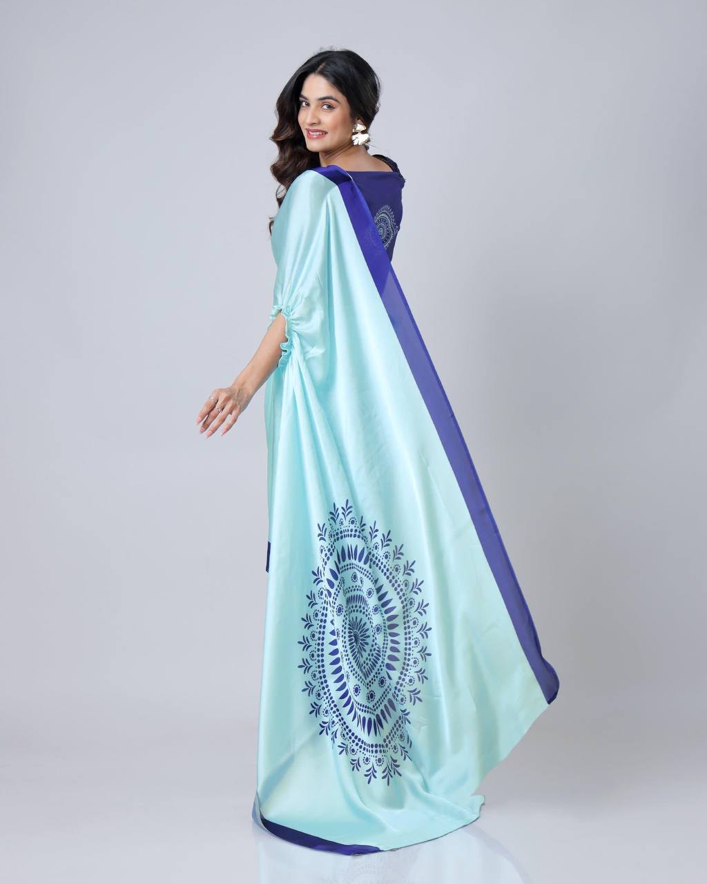 Ceremony Wear Sky Color Japan Satin Digital Printed Hands-Free Ready To Wear Saree