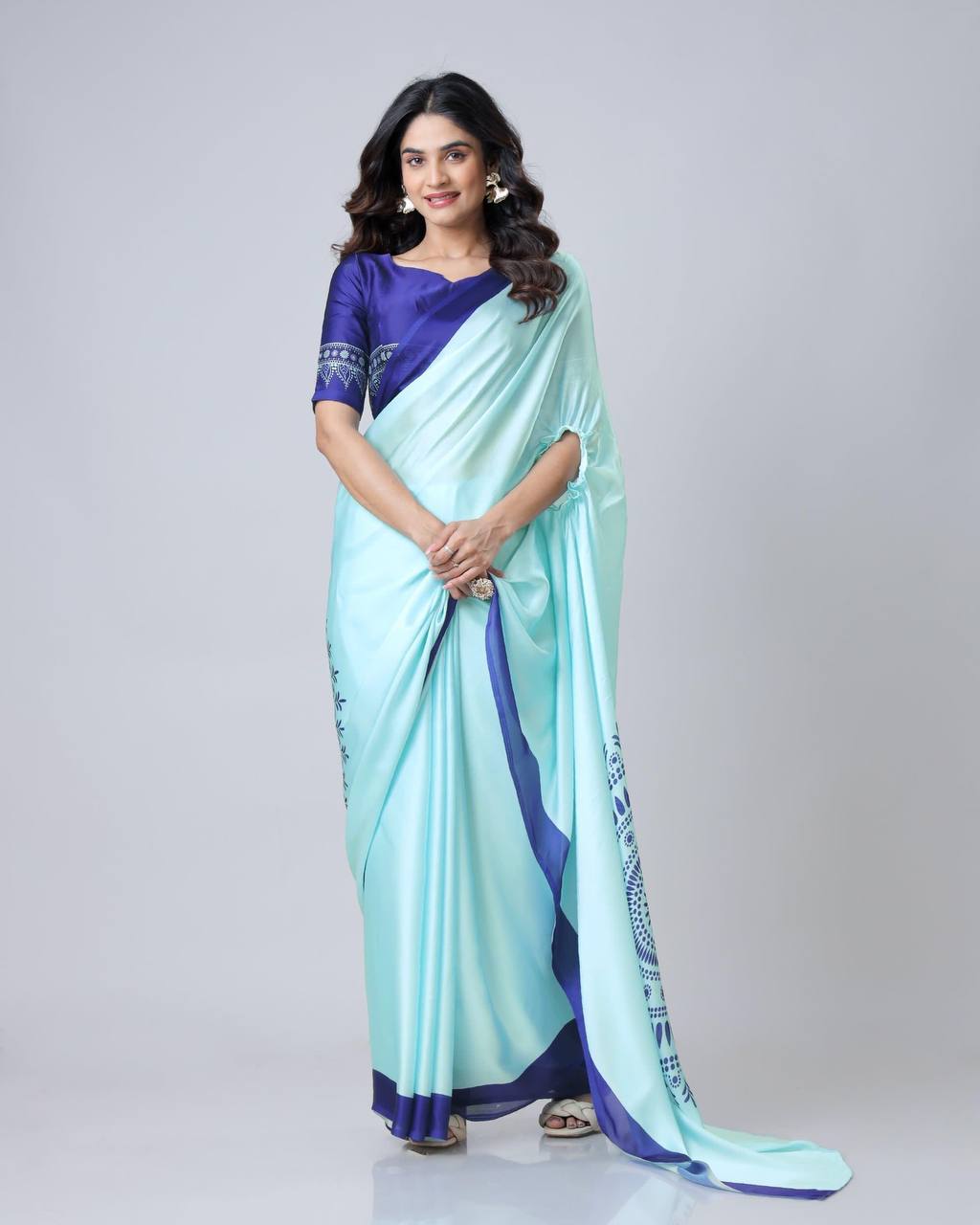 Ceremony Wear Sky Color Japan Satin Digital Printed Hands-Free Ready To Wear Saree