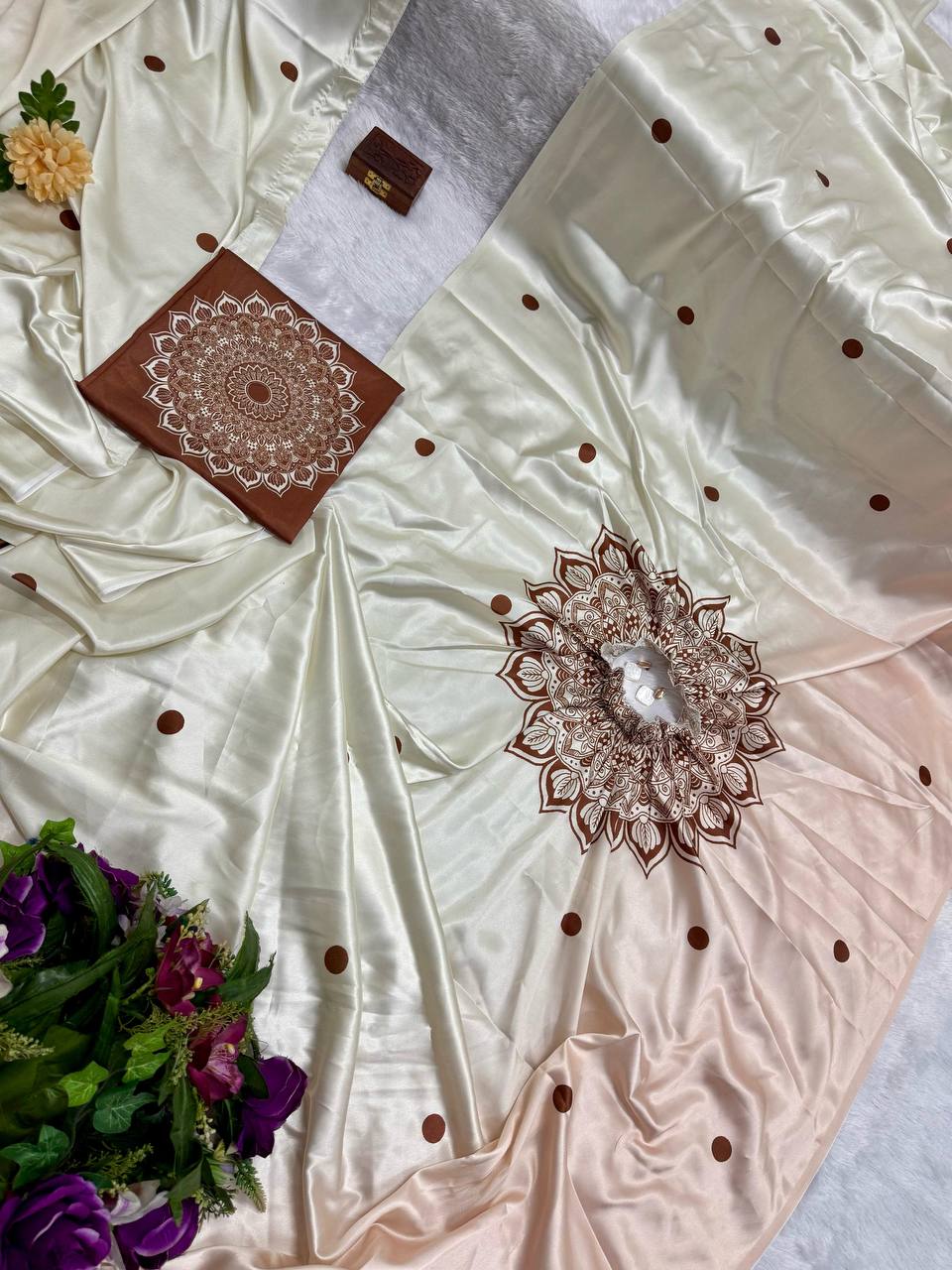 Ceremony Wear Off White Color Japan Satin Digital Printed Hands-Free Ready To Wear Saree