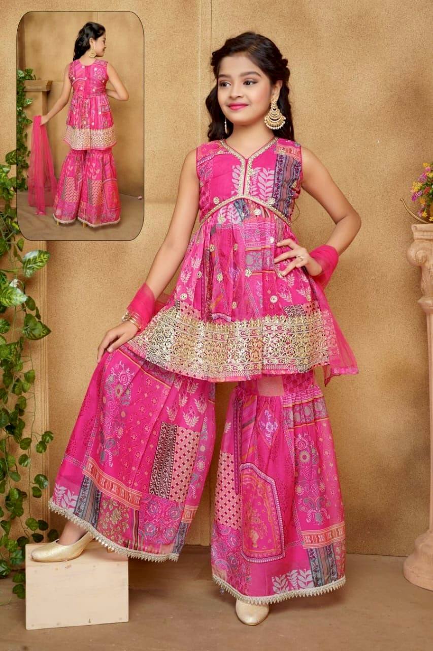 Kids Designer Sarara Suit with Dupatta – Japan Satin & Sequins Embroidery Work (3–15 Years)