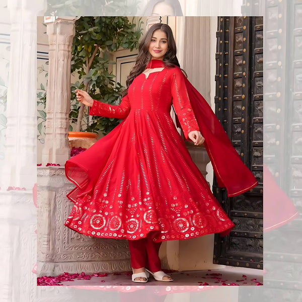 Party Wear Red Color Georgette Embroidered Anarkali Gown Set