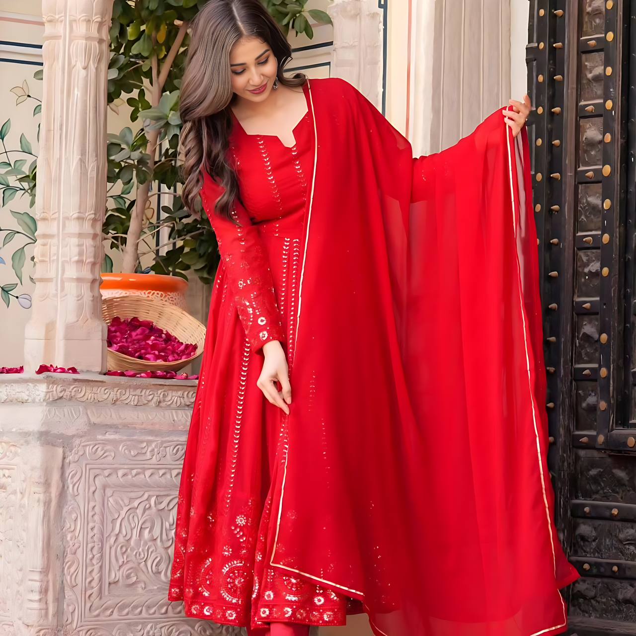 Party Wear Red Color Georgette Embroidered Anarkali Gown Set